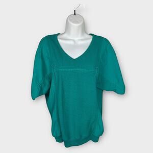 80s short sleeve green studded V-neck Sweater Tee Blouse Teal Large